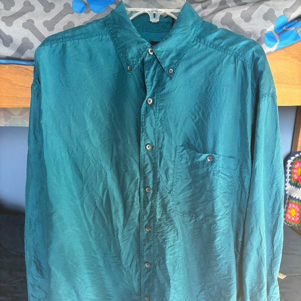 Structure Teal Button Down Silk Blouse